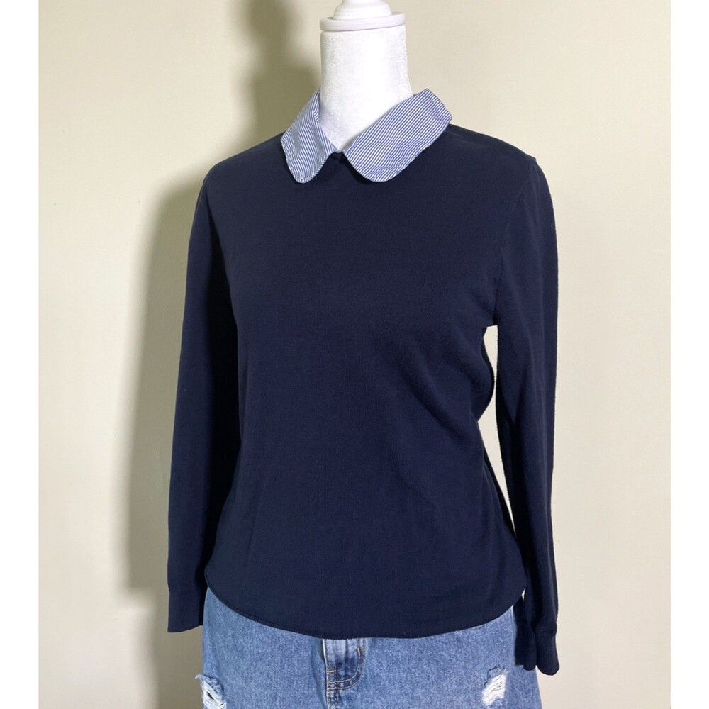 J.Crew Women's Blue Sweater White Blue Striped Trim Collar Size Small Preppy